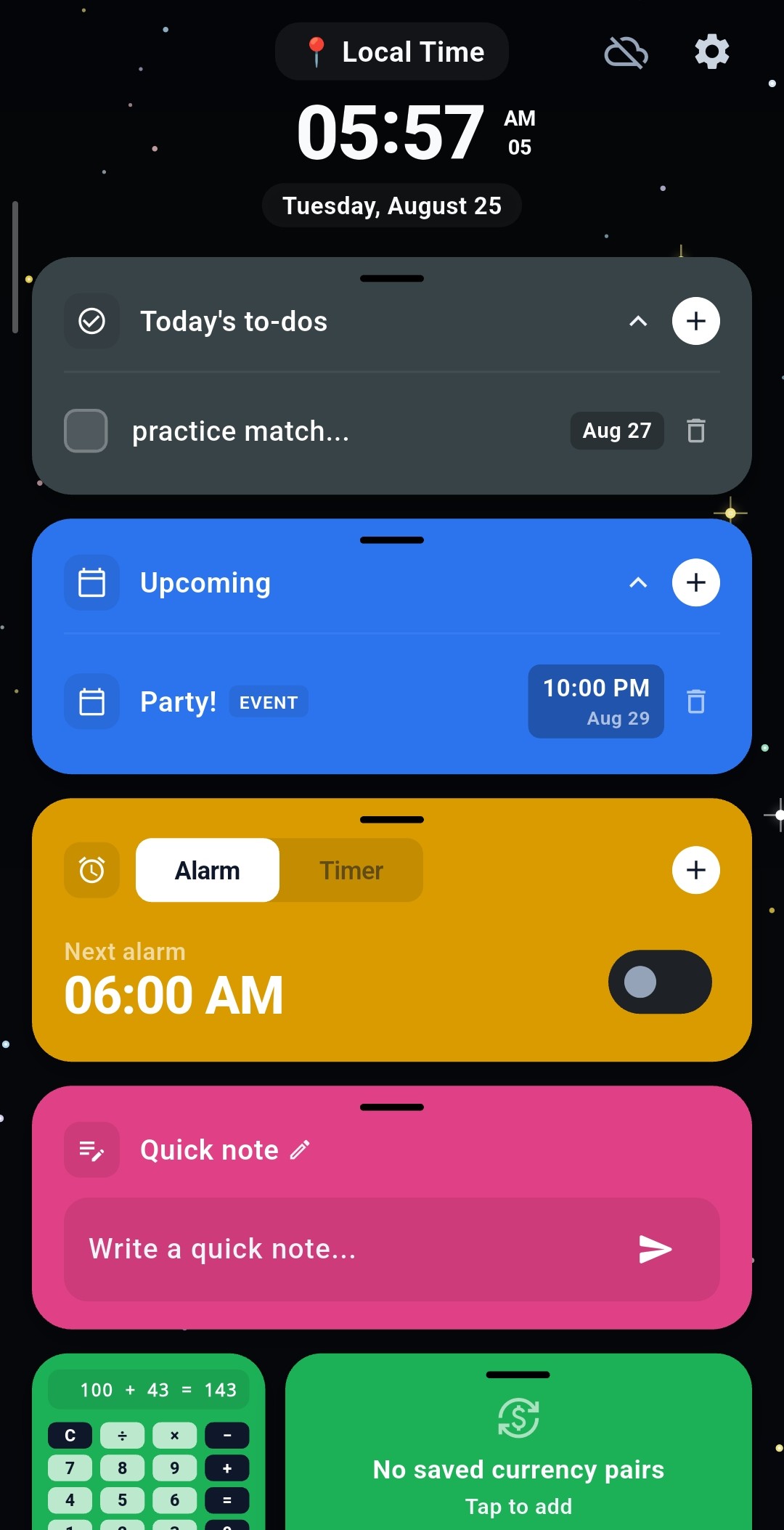 Remindr! dashboard with to-dos, upcoming events, alarm and quick note